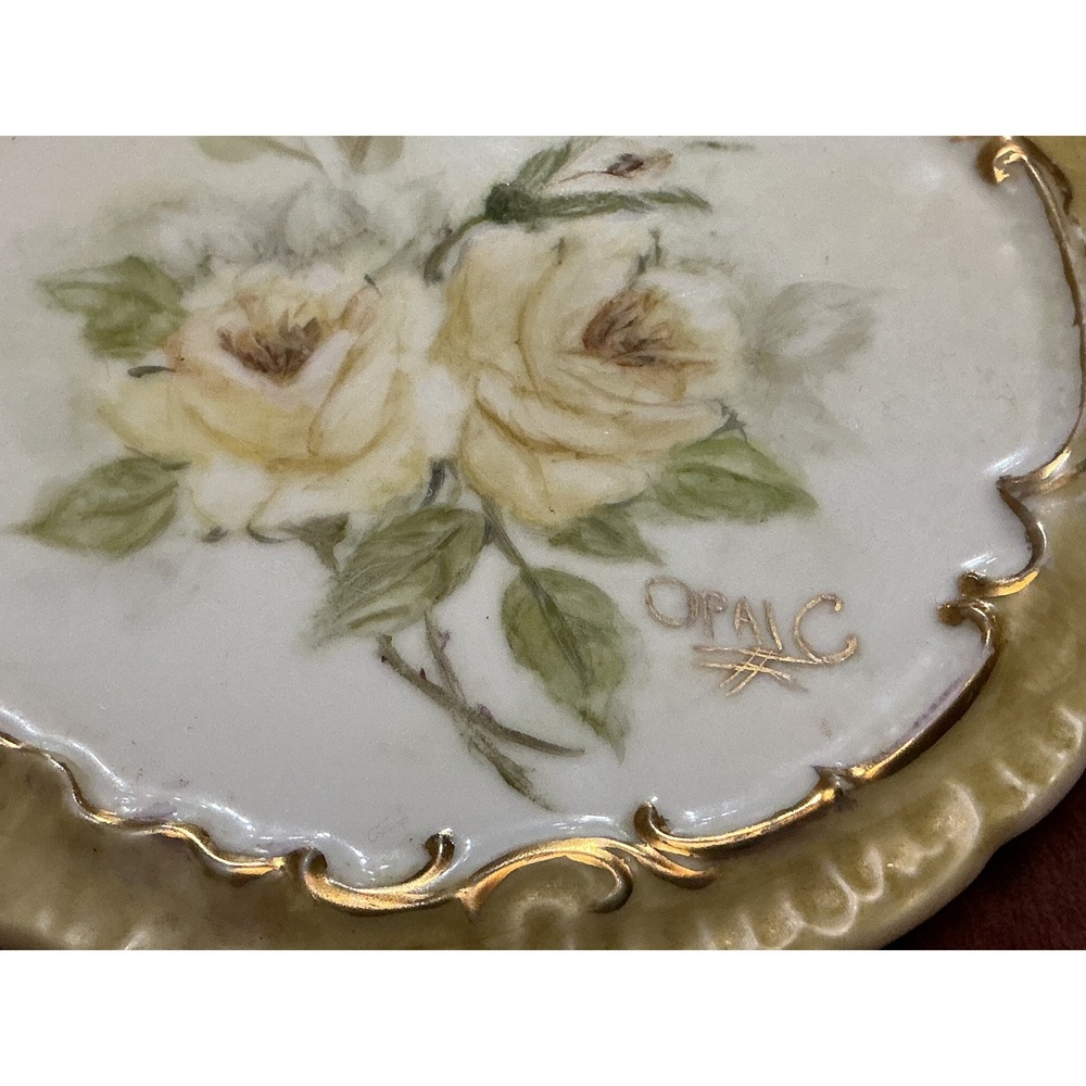 Vintage Opal C Signed Hand Painted Yellow Rose Porcelain Plate Gold Gilt 5.5"
